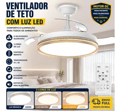 Ventilador de Teto Dourado 42" Com Pás Retráteis, Luz LED e Controle Remoto